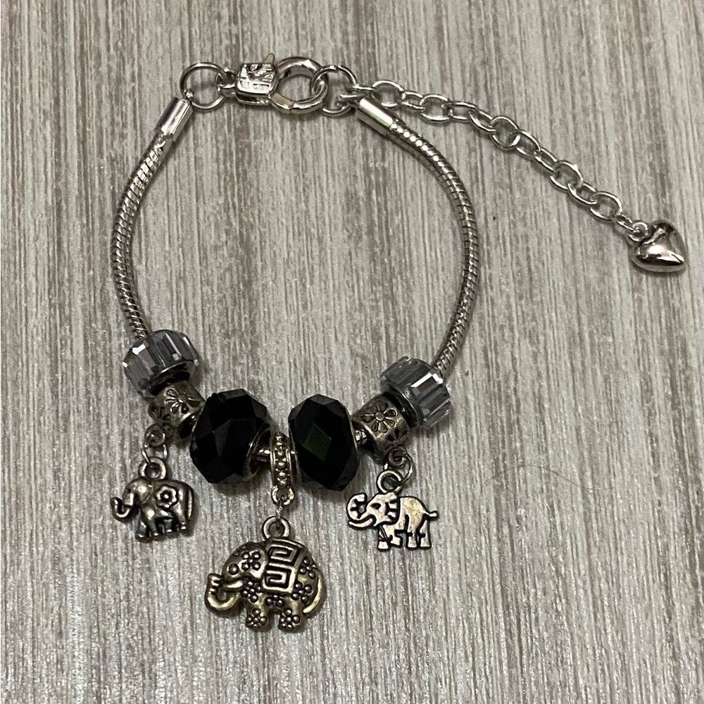 Onyx Beaded Elephant Charm Bracelet